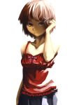  1girl asymmetrical_hair brown_eyes brown_hair closed_mouth commentary dress hair_ornament hairclip hifumi iwakura_lain looking_at_viewer serial_experiments_lain short_hair simple_background sleeveless solo white_background x_hair_ornament 