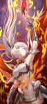  2girls armor armpits bangs black_gloves blue_eyes breasts cape cleavage closed_mouth fire gauntlets gloves hair_between_eyes hair_ornament highres honkai_(series) honkai_impact_3rd kelinch1 kiana_kaslana kiana_kaslana_(herrscher_of_flamescion) long_hair looking_up multiple_girls murata_himeko murata_himeko_(vermillion_knight) outstretched_arm ponytail torn_cape torn_clothes white_hair 