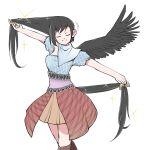  1girl bangs black_hair blue_shirt boots breasts brown_footwear brown_skirt closed_eyes comb cropped_legs feathered_wings headwear_removed highres horse_tail kurokoma_saki long_hair medium_breasts multicolored_clothes pegasus_wings peroponesosu. scarf shirt simple_background skirt smile solo sparkle tail touhou white_background wings 