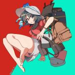  1girl adapted_costume backpack bag bare_legs barefoot black_hair black_undershirt blue_eyes blush bow center_frills commentary_request eyebrows_visible_through_hair feet frills grey_shorts handbag hat hat_bow highres kaban_(kemono_friends) kemono_friends nanana_(nanana_iz) red_shirt shirt short_hair short_sleeves shorts soles solo sun_hat t-shirt toes 