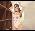  1girl armpits arms_up ass_visible_through_thighs asymmetrical_bangs bangs black_hairband blush breasts brown_eyes changing_room closed_eyes commentary completely_nude cowboy_shot dark_skin drying drying_hair hair_ornament hairband hairclip hands_on_own_head highres ijiranaide_nagatoro-san kozureokami20 letterboxed nagatoro_hayase nipples nude one-piece_tan one_eye_closed pussy reward_available ribs shelf small_breasts standing sweat sweatdrop tan tanlines thigh_gap towel towel_on_head uncensored wet 