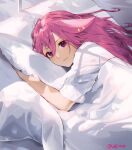  1girl alternate_costume animal_ears bangs bed_sheet commentary earrings eyebrows_visible_through_hair fox_ears from_above futon genshin_impact hair_between_eyes highres jewelry long_hair looking_at_viewer lufi_ays lying on_side pajamas pillow pink_hair purple_eyes short_sleeves sidelocks smile solo sunlight under_covers waking_up yae_(genshin_impact) 