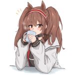 1girl angelina_(arknights) animal_ears arknights bangs blush brown_hair coat coffee_mug collar commentary_request cup drinking eyebrows_visible_through_hair fox_ears hairband highres holding holding_cup infection_monitor_(arknights) long_hair long_sleeves looking_at_viewer maiq06 mug notice_lines open_clothes open_coat orange_eyes sidelocks simple_background solo steam twintails two-tone_hairband upper_body white_background white_coat 