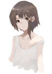  1girl absurdres asymmetrical_hair brown_eyes brown_hair closed_mouth commentary dress hair_ornament hairclip highres iwakura_lain looking_at_viewer pikuson serial_experiments_lain short_hair simple_background sketch sleeveless solo white_background white_dress x_hair_ornament 