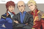  3boys amuro_ray bald bangs blonde_hair blue_eyes blue_jacket blue_shirt brown_hair char&#039;s_counterattack char_aznable collared_shirt copyright_name crossed_arms earth_federation glasses gundam highres jacket male_focus military military_uniform mole multiple_boys old old_man open_mouth real_life red_jacket ryukusou shirt smile tomino_yoshiyuki uniform zeon 