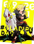  1boy ahoge bangs black_pants blonde_hair character_name closed_mouth commentary_request gladion_(pokemon) green_eyes hair_over_one_eye highres hinata_(h_in_ryo2639) hood hood_down hoodie legs_apart long_sleeves male_focus pants pokemon pokemon_(creature) pokemon_(game) pokemon_sm red_footwear shoes short_hair silvally standing torn_clothes torn_pants 