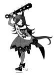  1girl animal_ears arm_up closed_eyes club_(weapon) dated dress flower full_body greyscale hair_over_one_eye hat high_heels holding holding_weapon horse_ears horse_girl horse_tail kanabou kawashina_(momen_silicon) long_hair long_sleeves mini_hat monochrome off-shoulder_dress off_shoulder open_mouth rice_shower_(umamusume) rose running sash shoulder_sash solo spiked_club tail translation_request umamusume weapon 