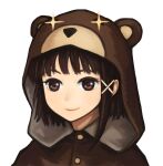  1girl animal_costume asymmetrical_hair bear_costume brown_eyes brown_hair closed_mouth commentary hair_ornament hairclip iwakura_lain looking_at_viewer scary_festival serial_experiments_lain short_hair simple_background smile solo white_background x_hair_ornament 