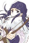  1girl ainu ainu_clothes asirpa black_hair blue_eyes bow_(weapon) earrings golden_kamuy highres jewelry long_hair namori scar scar_on_cheek scar_on_face simple_background weapon white_background 