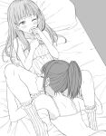  2girls atelier_(series) atelier_totori bed_sheet between_legs blush camisole closed_eyes commentary covering_mouth eyebrows_visible_through_hair frills greyscale hand_on_own_chest kiss kissing_thigh lying maromi_(am97) mimi_houllier_von_schwarzlang monochrome multiple_girls on_back on_bed pillow socks spread_legs totooria_helmold yuri 