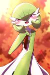  1girl artist_name autumn_leaves bangs blurry blurry_background blush bob_cut colored_skin commentary_request cowboy_shot day flat_chest gardevoir green_hair green_skin hair_between_eyes half-closed_eyes hand_on_own_chest hand_up happy highres looking_at_viewer multicolored_skin open_mouth orange_background outdoors pink_eyes pokemon pokemon_(creature) pov reaching_out short_hair signature smile solo standing straight-on tree tsukkon twitter_username two-tone_skin white_skin 