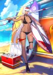  1girl animal_ears arm_tattoo azusa_(hws) beach bikini black_headband blue_eyes bracelet breasts caenis_(fate) caenis_(swimsuit_rider)_(fate) chaldea_logo chest_tattoo cooler crab dark_skin day eyewear_on_head fate/grand_order fate_(series) food fruit full_body grey_hair hair_between_eyes headband holding holding_surfboard jewelry large_breasts long_hair looking_at_viewer nail_polish navel official_art outdoors parted_lips sand sandals smile solo standing standing_on_one_leg starfish stomach_tattoo sunglasses surfboard swimsuit tattoo teeth thigh_strap toenail_polish toenails very_long_hair water watermelon white_nails wristband 