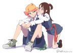  2girls amanda_o&#039;neill arikindows10 arms_on_knees belt bike_shorts blue_sash brown_hair buttons closed_mouth collared_shirt covering_mouth dress full_body green_eyes hand_up kagari_atsuko kneehighs kneeling knees_up light_blush little_witch_academia loafers long_sleeves luna_nova_school_uniform medium_hair multicolored_hair multiple_girls orange_hair ponytail red_eyes red_hair sash school_uniform shadow shirt shoes short_dress short_hair short_ponytail shorts shorts_under_skirt simple_background sitting smirk sneakers socks two-tone_hair wand whispering white_background white_shirt 