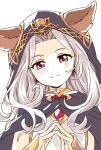  1girl animal_ears blush cat_ears cloak ears_through_headwear erune granblue_fantasy highres hood hooded_cloak jewelry long_hair looking_at_viewer namori orange_eyes red_eyes scathacha_(granblue_fantasy) silver_hair simple_background smile white_background 