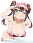  1girl bangs bikini blue_eyes blush breasts brown_hair double_bun from_above hand_up highres large_breasts looking_at_viewer looking_up navel nekoshoko open_mouth pokemon pokemon_(game) pokemon_bw2 rosa_(pokemon) shadow simple_background solo stomach swimsuit twintails visor_cap white_background 