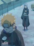  1boy 1girl ? amegakure_symbol black_coat blue_eyes blush coat confused flower forehead hair_bun hair_flower hair_ornament high_collar highres holding holding_flower konan_(naruto) long_sleeves looking_at_another meitarou naruto_(series) naruto_shippuuden orange_eyes orange_hair outdoors rain short_hair spoken_question_mark sweatdrop walking yahiko_(naruto) 