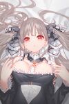  1girl azur_lane black_bow bow breasts collarbone cosplay formidable_(azur_lane) grey_hair hair_bow hair_ribbon highres idolmaster idolmaster_cinderella_girls kanzaki_ranko large_breasts long_hair look-alike lying on_back red_eyes ribbon solo twintails upper_body yaoku 