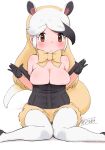  1girl animal_ears anteater_ears anteater_tail bangs bare_shoulders black_gloves black_hair blonde_hair bow bowtie breasts brown_eyes commentary extra_ears eyebrows_visible_through_hair eyes_visible_through_hair gloves highres kemono_friends large_breasts legwear_under_shorts long_hair looking_at_viewer masuyama_ryou multicolored_hair no_shirt northern_tamandua_(kemono_friends) pantyhose short_shorts shorts simple_background sitting solo tail wariza white_background white_hair white_legwear yellow_bow yellow_shorts 