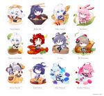  6+girls :d alcohol animal_ears antenna_hair apple apron bangs baozi bare_shoulders black_hair blue_eyes blue_hair blue_necktie braid braided_ponytail bronya_zaychik bronya_zaychik_(wolf&#039;s_dawn) brown_hair character_name cherry chibi chicken_(food) chopsticks closed_mouth cup drill_hair drinking_glass food fork fox_ears fruit fu_hua fu_hua_(night_squire) full_body grey_eyes grey_hair hair_between_eyes hair_ornament hair_over_one_eye hair_ribbon hairpin highres holding holding_mask honkai_(series) honkai_impact_3rd horns japanese_clothes jin2 kallen_kaslana kallen_kaslana_(sixth_serenade) kiana_kaslana kiana_kaslana_(valkyrie_ranger) lemon lemon_slice liliya_olenyeva lobster long_hair long_sleeves looking_at_viewer macaron maid maid_apron maid_headdress mask miko multiple_girls murata_himeko murata_himeko_(battle_storm) necktie noodles nun one_eye_closed open_mouth pancake pasta pink_hair pink_skirt plate ponytail purple_eyes purple_hair raiden_mei raiden_mei_(valkyrie_bladestrike) ramen red_hair ribbon rita_rossweisse rita_rossweisse_(umbral_rose) rozaliya_olenyeva sandwich seele_vollerei seele_vollerei_(swallowtail_phantasm) short_hair shrimp simple_background single_horn skirt smile spaghetti steak strawberry tail theresa_apocalypse theresa_apocalypse_(valkyrie_pledge) twin_braids twin_drills white_background white_hair wine wine_glass yae_sakura yae_sakura_(gyakushinn_miko) yellow_eyes 