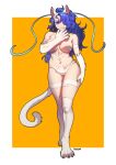  1girl absurdres animal_ears animal_feet animal_hands big_hair bikini blue_eyes blue_hair breasts cat_ears cat_tail claws closed_mouth commentary english_commentary felicia_(vampire) full_body fur_bikini hair_over_one_eye highres large_breasts long_hair looking_at_viewer navel orange_background outside_border pgm300 smile solo standing swimsuit tail thighhighs twitter_username vampire_(game) white_bikini white_legwear 