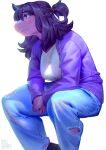  1girl black_footwear black_hair blush colored_skin commentary deltarune denim furry furry_female hair_over_one_eye highres inuki_(aruurara) invisible_chair jacket jeans looking_to_the_side pants purple_jacket purple_skin red_eyes simple_background sitting solo susie_(deltarune) watermark white_background 