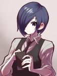  1girl absurdres bangs black_necktie black_vest blue_eyes closed_mouth collared_shirt gradient gradient_background grey_shirt hair_over_one_eye highres holding holding_pen kirishima_touka necktie pen shiny shiny_hair shirt short_hair sleeves_pushed_up smile solo tokyo_ghoul tsumiki_(tsu_miki) upper_body vest waitress writing 