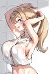  1girl adjusting_hair armpits arms_up artist_name blue_eyes breasts cleavage collared_shirt eyebrows_visible_through_hair foxyreine hair_between_eyes hands_up highres large_breasts looking_at_viewer mole mole_on_breast open_mouth original patreon_logo ponytail profile purple_eyes see-through shirt sideboob sidelocks simple_background sleeveless solo tiles upper_body wet wet_clothes white_shirt 