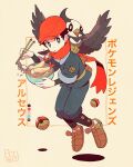  1boy bird black_undershirt bo9_(bo9_nc) bowl bright_pupils brown_bag brown_footwear chopsticks commentary copyright_name eating fanny_pack food grey_eyes hat holding holding_bowl holding_chopsticks jacket looking_to_the_side male_focus noodles orange_headwear orange_scarf pants poke_ball poke_ball_(legends) pokemon pokemon_(creature) pokemon_(game) pokemon_legends:_arceus rei_(pokemon) scarf shoes short_hair starly symbol-only_commentary 