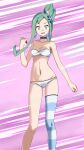  1girl aqua_eyes aqua_hair asymmetrical_legwear blue_choker bra breasts choker cleavage collarbone earrings groin high_ponytail highres holding holding_poke_ball jewelry lisia_(pokemon) long_hair looking_at_viewer navel open_mouth panties poke_ball pokemon pokemon_(game) pokemon_oras purple_background shiny shiny_hair sidelocks single_thighhigh small_breasts solo standing strapless strapless_bra striped striped_legwear sweatdrop thighhighs tsukishiro_saika underwear underwear_only white_bra white_panties 