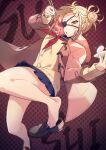  1girl :o abiko_yuuji alternate_costume arm_up bandages bandaid bandaid_on_cheek bangs black_eyepatch blonde_hair blue_sailor_collar blue_skirt blunt_bangs boku_no_hero_academia bowl brown_footwear brown_jacket bruise cardigan commentary_request double_bun eyepatch food gradient gradient_background hand_up highres holding holding_bowl injury jacket long_sleeves looking_at_viewer miniskirt neckerchief open_clothes open_jacket pleated_skirt polka_dot polka_dot_background red_background red_neckerchief rice sailor_collar school_uniform serafuku shoe_removed shoes skirt solo sushi toga_himiko yellow_eyes 