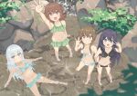  4girls akatsuki_(kancolle) bikini black_bikini black_hair blue_bikini blue_eyes blurry brown_eyes brown_hair depth_of_field folded_ponytail frilled_bikini frills from_above green_bikini halterneck hibiki_(kancolle) highres ikazuchi_(kancolle) inazuma_(kancolle) kantai_collection long_hair looking_at_viewer multiple_girls partially_submerged purple_eyes rock short_hair side-tie_bikini silver_hair standing string_bikini suasuri swimsuit v wardrobe_malfunction water white_bikini 