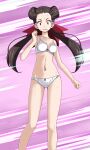  1girl bow bow_bra bra breasts brown_hair cleavage collarbone floating_hair highres long_hair looking_at_viewer low_twintails medium_breasts navel open_mouth panties pokemon pokemon_(game) pokemon_oras purple_background red_eyes red_ribbon ribbon ribbon_panties roxanne_(pokemon) scared shiny shiny_hair solo standing sweatdrop tsukishiro_saika twintails underwear underwear_only very_long_hair wavy_mouth white_bra white_panties 