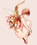  1boy ahoge amido_(compassion273) angel_wings animal ass bangs barefoot completely_nude danganronpa_(series) danganronpa_2:_goodbye_despair feathered_wings flower from_side full_body grey_background highres hinata_hajime hugging_own_legs knees_up male_focus mismatched_wings nude red_flower sayonara_wo_oshiete short_hair sideways_glance simple_background snake solo white_flower wings 