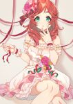  1girl :o bare_legs bare_shoulders detached_sleeves dress feet_out_of_frame frilled_dress frills hand_to_own_mouth hat hat_ribbon idolmaster idolmaster_cinderella_girls imtyousei imura_setsuna jewelry necklace off-shoulder_dress off_shoulder print_dress red_hair red_ribbon ribbon sitting solo wrist_cuffs 