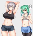  ... 2girls armpits arms_up bangs bare_arms bare_shoulders black_legwear blue_shorts blush breast_envy breasts cleavage commentary_request cowboy_shot crop_top dolphin_shorts double_bun flat_chest green_eyes green_hair grey_background grey_hair groin hair_between_eyes highres hololive large_breasts legwear_under_shorts looking_at_viewer midriff multiple_girls navel pantyhose parted_lips shirogane_noel short_hair short_shorts shorts simple_background sports_bra standing stomach thighs uruha_rushia virtual_youtuber watarasera_piro 