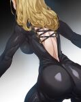  1girl ass black_bodysuit blonde_hair bodysuit bow_(bhp) breasts cowboy_shot from_behind grey_background kisara_(tales) large_breasts long_hair skin_tight solo standing tales_of_(series) tales_of_arise 