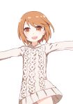  1girl :d aran_sweater bangs brown_eyes brown_hair commentary cowboy_shot dress eyebrows_visible_through_hair i.u.y kinuhata_saiai light_blush long_sleeves looking_at_viewer open_mouth outstretched_arms short_hair simple_background smile solo spread_arms sweater sweater_dress teeth toaru_majutsu_no_index white_background white_dress white_sweater 