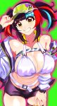  1girl bare_shoulders bikini black_hair black_shorts blue_hair blush breasts cleavage fate/grand_order fate_(series) green_background green_headwear grin headphones headphones_around_neck highres jacket large_breasts long_hair long_sleeves looking_at_viewer multicolored_hair navel off_shoulder open_clothes open_jacket red_hair sei_shounagon_(fate) sei_shounagon_(swimsuit_berserker)_(fate) short_shorts shorts sidelocks smile solo swimsuit thigh_strap thighs twintails visor_cap volyz white_bikini white_jacket yellow_eyes 