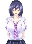  1girl :d arms_behind_back bangs blue_hair blue_skirt breast_pocket breasts cleavage collarbone commentary_request eyebrows_visible_through_hair hair_between_eyes highres large_breasts looking_at_viewer necktie nijisanji open_mouth pleated_skirt pocket purple_necktie shirt shizuka_rin short_hair short_sleeves simple_background skirt smile solo striped striped_necktie upper_body virtual_youtuber watarasera_piro white_background white_shirt yellow_eyes 