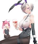  2girls absurdres ahoge animal_ears azur_lane backless_leotard bare_shoulders between_breasts black_bra black_legwear black_leotard black_neckwear bra breast_envy breasts covered_navel elbow_gloves fake_animal_ears flat_chest gloves highres large_breasts larger_bmx leotard leotard_under_clothes long_hair looking_at_viewer multiple_girls necktie necktie_between_breasts official_alternate_costume pantyhose pink_hair playboy_bunny purple_eyes rabbit_ears reno_(azur_lane) reno_(reno_bunnino)_(azur_lane) saratoga_(azur_lane) see-through_shirt shirt short_hair side-tie_leotard simple_background single_elbow_glove sitting sleeveless sleeveless_shirt thigh_strap twintails underwear white_background white_shirt wrist_cuffs 