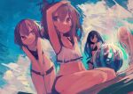  4girls absurdres akatsuki_(kancolle) ball bare_arms bare_legs bare_shoulders beachball bikini black_bikini brown_eyes brown_hair closed_mouth day eyebrows_visible_through_hair folded_ponytail grey_eyes hair_between_eyes hair_ornament hairclip hibiki_(kancolle) highres ikazuchi_(kancolle) inazuma_(kancolle) kaamin_(mariarose753) kantai_collection long_hair multiple_girls navel purple_eyes purple_hair short_hair silver_hair smile swimsuit white_bikini 