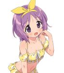  1girl :d bangs bare_shoulders bikini bikini_skirt blush bow bow_hairband breasts collarbone commentary_request detached_sleeves dripping eyebrows_visible_through_hair hairband hand_up happy highres hiiragi_tsukasa hotaru_iori ichimi_renge leaning_forward linea_alba looking_at_viewer lucky_star medium_hair navel open_mouth polka_dot polka_dot_bikini purple_eyes purple_hair second-party_source short_sleeves simple_background small_breasts smile solo split_mouth swimsuit tareme water_drop wet wet_hair white_background yellow_bikini yellow_bow yellow_hairband yellow_sleeves 