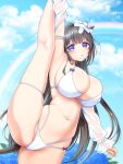  1girl animal_ears arm_up armpits azur_lane bangs bikini black_hair blue_sky blunt_bangs breasts cleavage cloud cloudy_sky commentary_request cow_ears cow_girl cow_horns cow_tail detached_sleeves ebino_mayo eyebrows_visible_through_hair hair_between_eyes horns kashino_(azur_lane) kashino_(hot_springs_relaxation)_(azur_lane) large_breasts leg_up long_hair looking_at_viewer midriff navel parted_lips purple_eyes rainbow see-through_sleeves sidelocks sky solo split standing standing_on_one_leg standing_split swimsuit tail white_bikini 