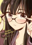  1girl adjusting_eyewear bangs black-framed_eyewear black_hair blush collarbone commentary dated english_commentary english_text eyebrows_visible_through_hair fingernails glasses hands_up happy_birthday himawari-san himawari-san_(character) long_hair long_sleeves looking_at_viewer parted_lips portrait purple_eyes purple_shirt shirt simple_background solo sugano_manami yellow_background 