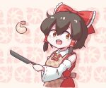  1girl :d ascot black_hair bow brown_eyes checkered_apron cooking cropped_legs detached_sleeves food frying_pan hair_bow hair_tubes hakurei_reimu holding holding_frying_pan looking_at_viewer medium_hair notorin open_mouth red_bow ribbon-trimmed_sleeves ribbon_trim shrimp shrimp_background shrimp_tempura smile solo tempura touhou wide_sleeves yellow_ascot 