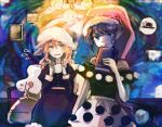  2girls bangs belt black_dress black_headwear blonde_hair blue_eyes blush book bow buttons collar collared_dress cup doremy_sweet dress eyebrows_visible_through_hair green_eyes hair_between_eyes hand_up hat hat_bow highres katari lamp light long_sleeves looking_to_the_side maribel_hearn medium_hair mob_cap multiple_girls open_mouth picture_(object) pink_headwear pom_pom_(clothes) purple_dress purple_hair shadow short_hair short_sleeves sitting smile standing touhou wall wavy_hair white_belt white_bow white_dress white_headwear 