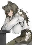  1girl alternate_breast_size animal_ears animal_hands arknights breasts brown_hair ear_piercing elbows_on_table eyebrows_visible_through_hair freckles hair_between_eyes head_rest highres large_breasts long_hair looking_at_viewer looking_to_the_side mikojin notice_lines piercing ponytail raccoon_ears robin_(arknights) shirt simple_background sitting solo white_shirt yellow_eyes 