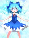  1girl :d blue_bow blue_dress blue_eyes blue_hair blue_theme blush bow cirno dress hair_bow higashi_shino ice ice_wings looking_at_viewer neck_ribbon open_mouth pinafore_dress puffy_short_sleeves puffy_sleeves red_ribbon ribbon shirt short_sleeves smile solo touhou white_shirt wings 