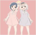  2girls :d absurdres alternate_costume arm_up bangs black_hair blue_dress blush border bunny_hair_ornament child dress eyebrows_visible_through_hair feet_out_of_frame grey_hair hair_ornament hairclip highres kaneki_ichika kirishima_touka looking_at_viewer multicolored_hair multiple_girls neck_ribbon open_mouth pink_background pink_dress ribbon short_hair short_sleeves smile standing teeth tokyo_ghoul tokyo_ghoul:re toukaairab two-tone_hair upper_teeth white_border white_ribbon younger 