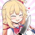  1girl :3 akai_haato blonde_hair breasts closed_eyes commentary_request fang hair_ornament heart heart_hair_ornament holding holding_knife hololive kitchen_knife knife large_breasts matarou_(matarou072) one_side_up open_mouth portrait smile solo virtual_youtuber 